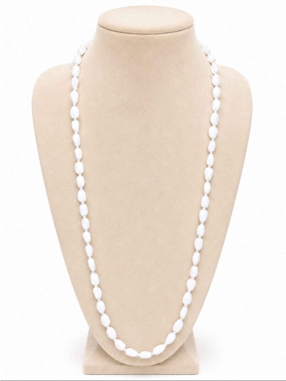 Long White Faceted “VTG”  Glass Beaded Necklace Classic Statement